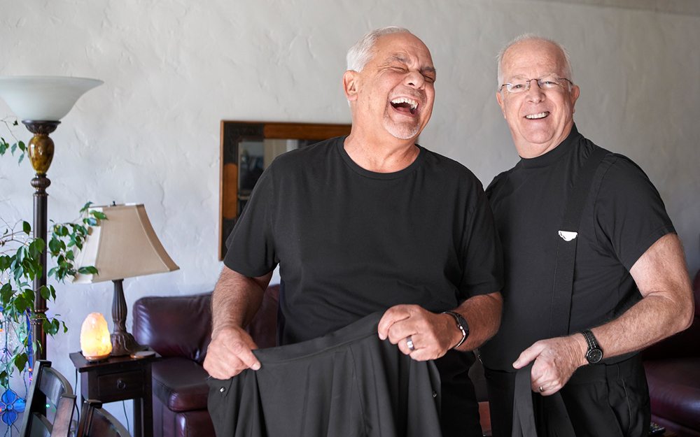 Cedars-Sinai patients Paul Del Vecchio and Wayne Smith prepare to perform their signature singing act.