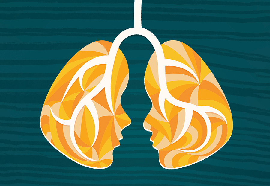 An illustration of two faces superimposed over figurative lungs.