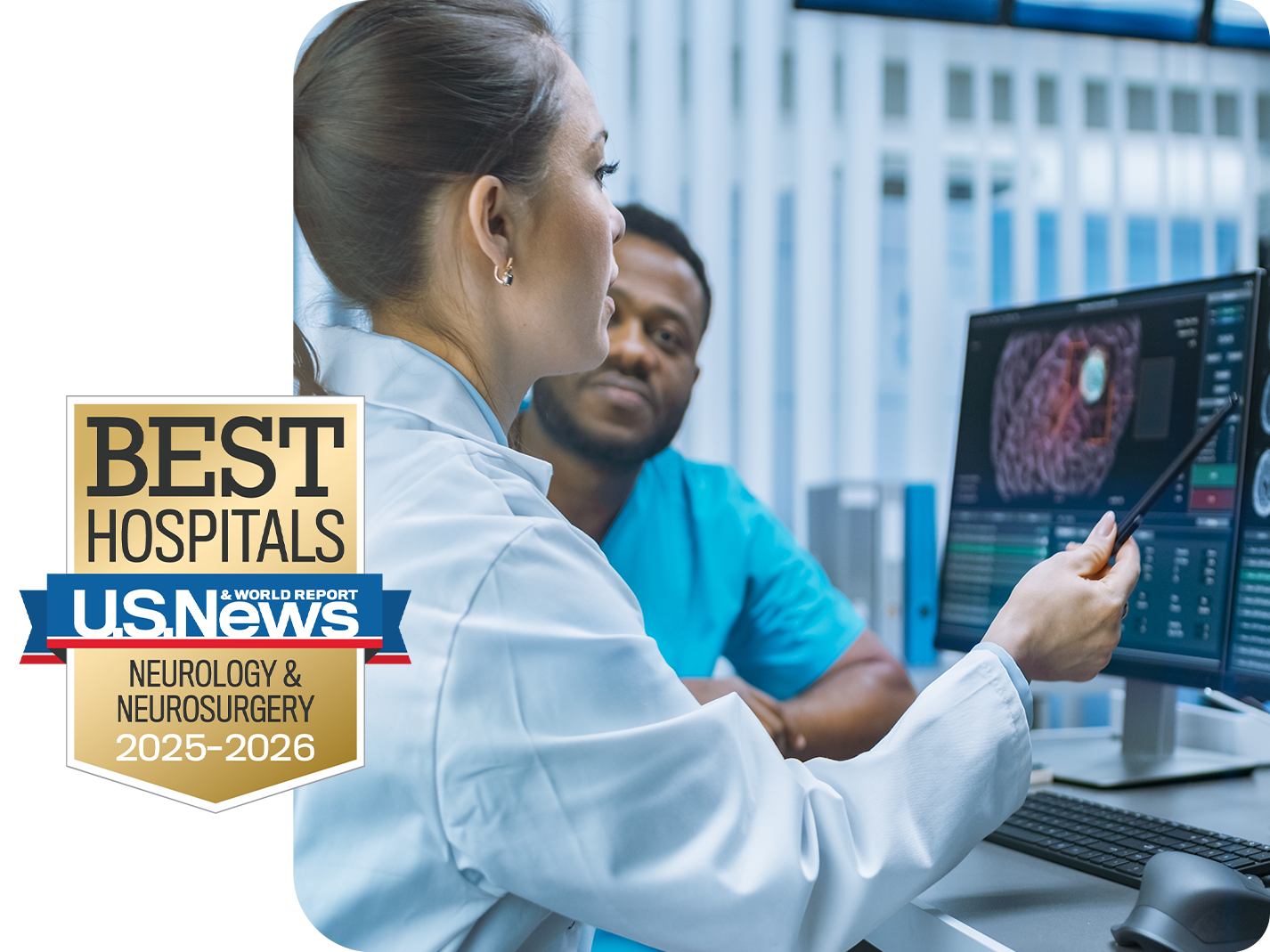 Female doctor looking at brain scans on a computer