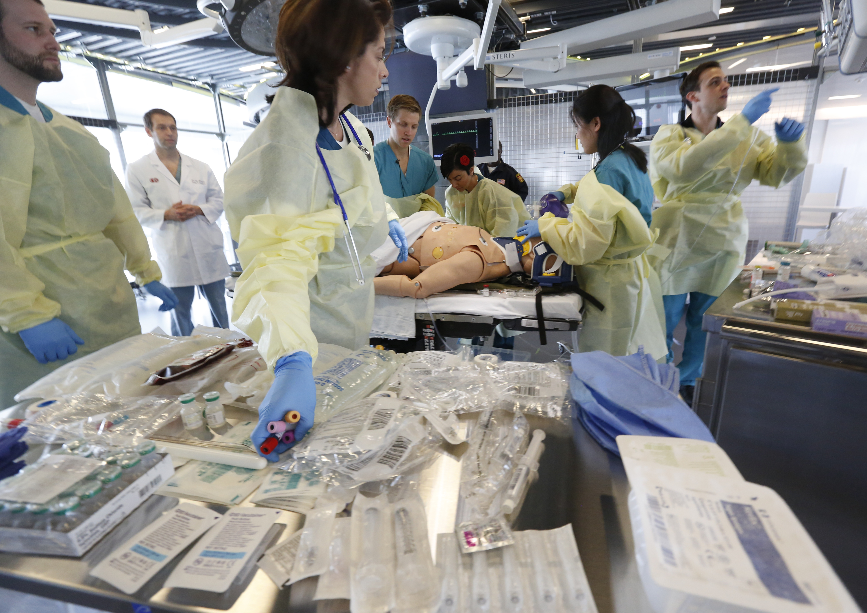 Surgical residents with experienced surgeons train on a mannequin at the Surgical Simulation and Training Laboratory in the Department of Surgery at Cedars-Sinai Medical Center, Research, Technology Innovation